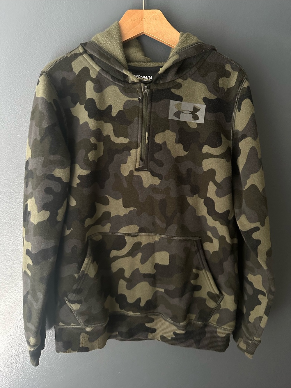 💚 UNDER ARMOUR youth hooded sweatshirt Green Camo Quarter-Zip Fleece medium